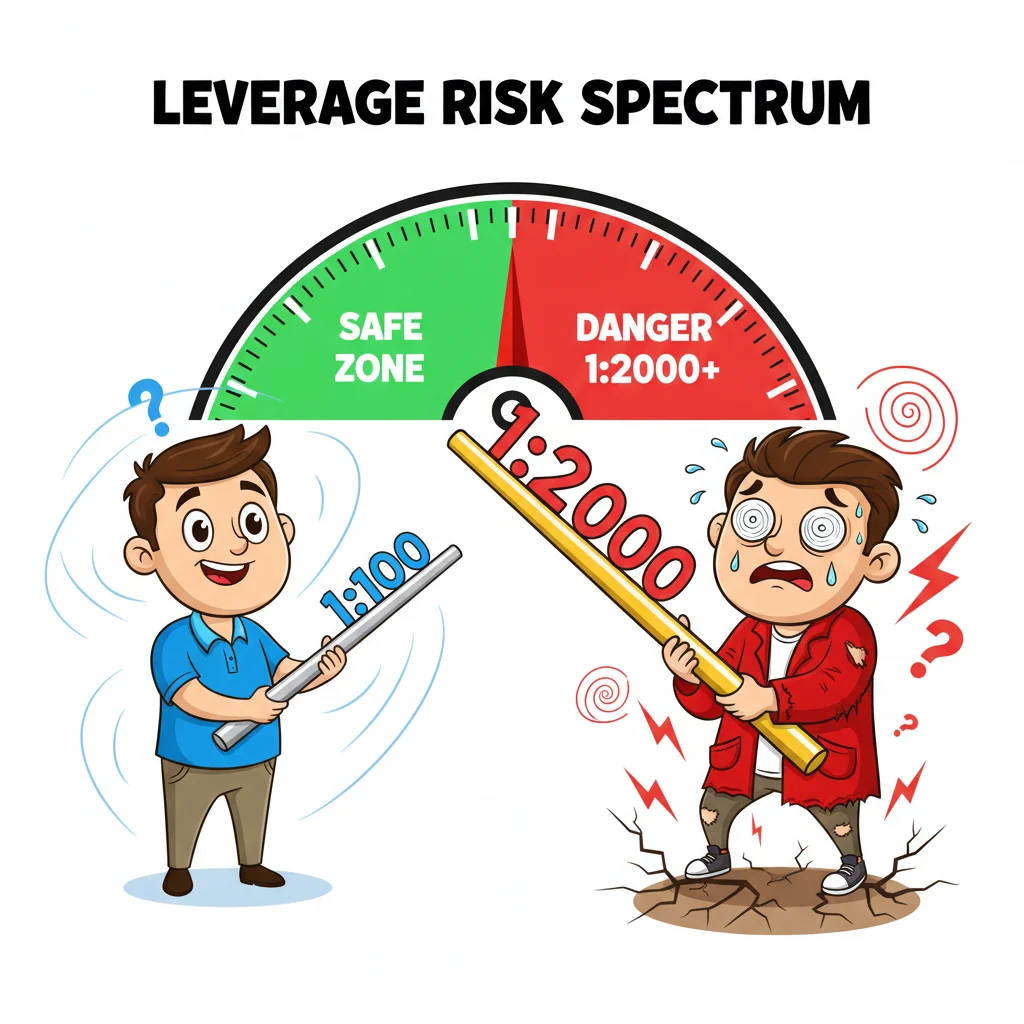 Cartoon gauge showing safe versus dangerous leverage levels, with happy controlled trader on left and stressed chaotic trader on right