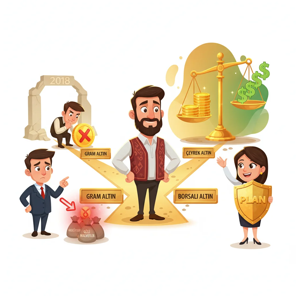 Gold investment guide illustration with trader choosing between investment paths and hidden costs