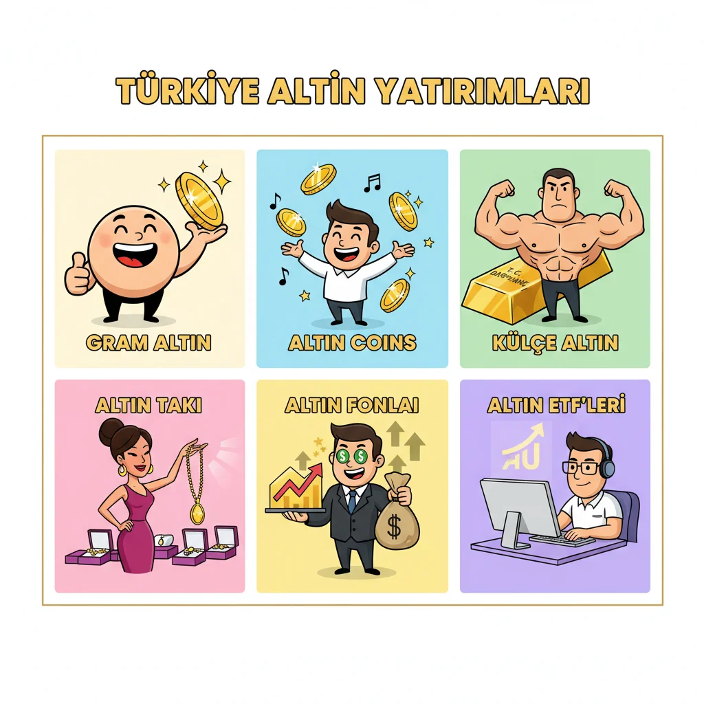 Six cartoon cards displaying different types of gold investments in Turkey, each with a happy character and visual symbol representing gram gold, coins, bars, jewelry, funds, and ETFs