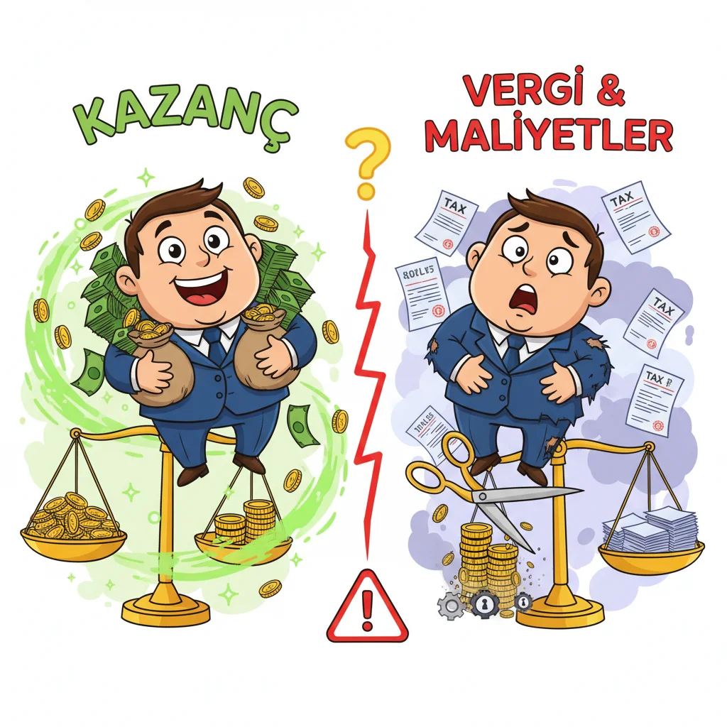 Cartoon comparison showing investor's profit versus hidden taxes and costs in gold investment, with tax forms and scissors symbolizing unexpected expenses