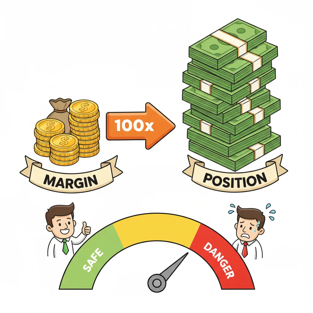 Infographic showing a small margin stack multiplied into a large position stack, with a gauge marked safe and danger