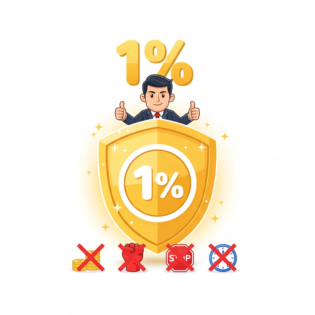 Glowing golden shield with a big 1% on it, a confident trader behind it, four common mistakes crossed out in front