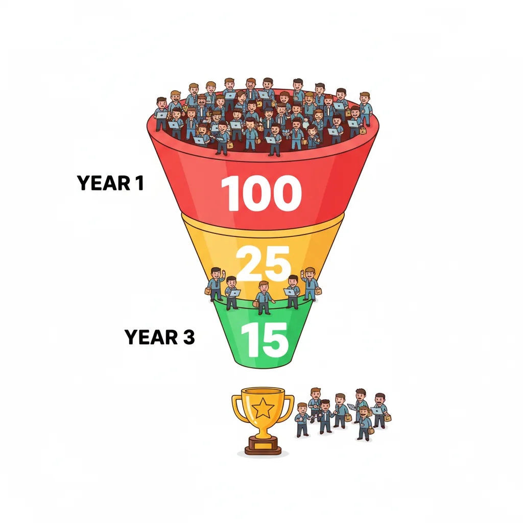 Vertical survivorship funnel — 100 traders at the top narrowing to 15 at the bottom, trophy below