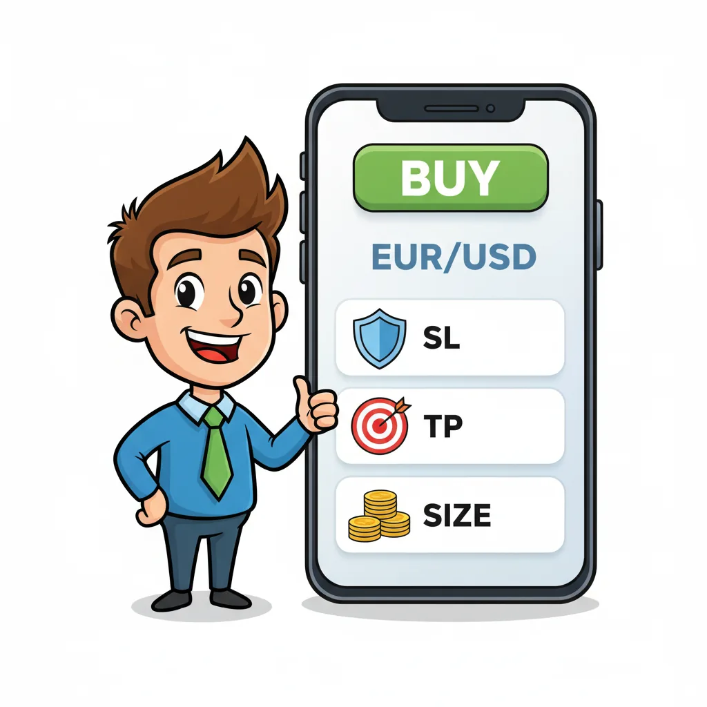 Cartoon mobile trading ticket showing BUY EUR/USD with SL, TP and SIZE rows
